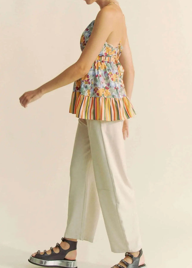 Davi & Dani Floral Smocked Sleeveless Ruffle Back Tie Top - Sleekdenim.com