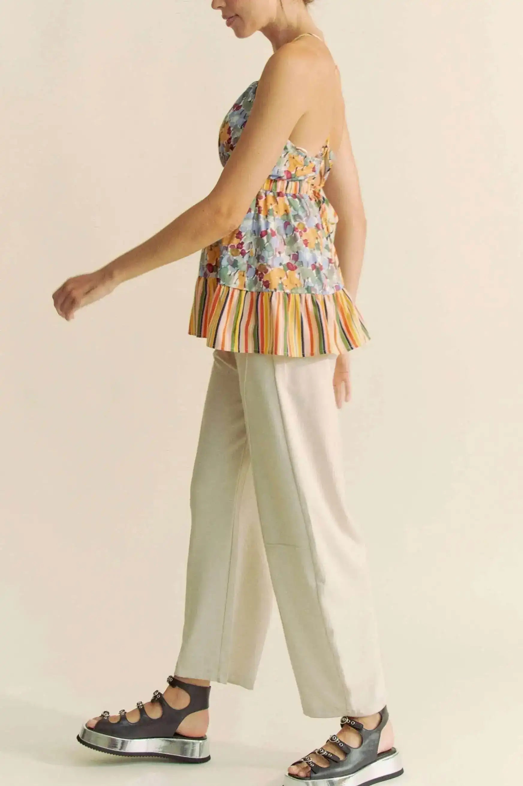 Davi & Dani Floral Smocked Sleeveless Ruffle Back Tie Top - Sleekdenim.com