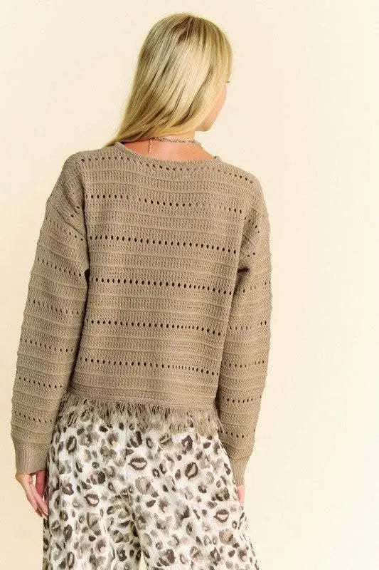 Davi & Dani Fringe Hem Openwork Drop Shoulder Knit Top - Sleekdenim.com