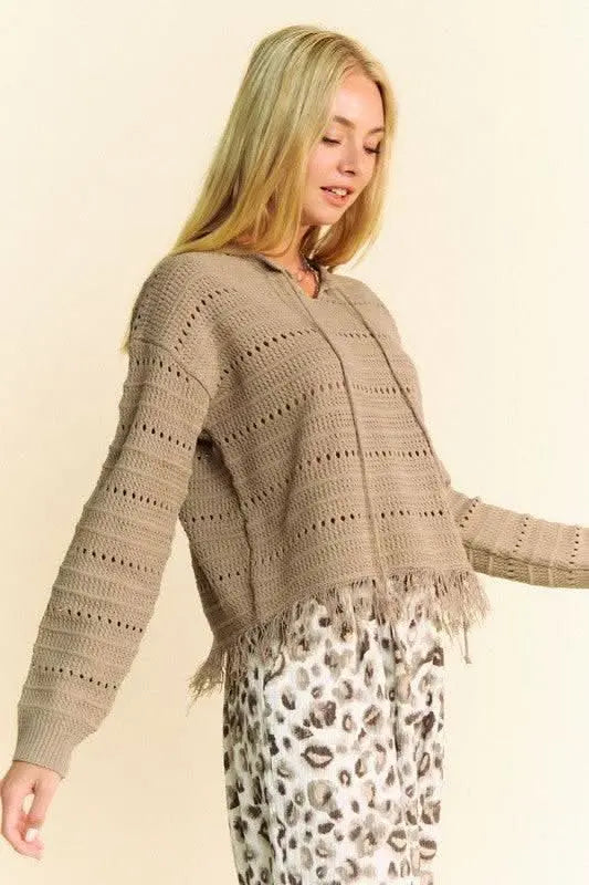 Davi & Dani Fringe Hem Openwork Drop Shoulder Knit Top - Sleekdenim.com