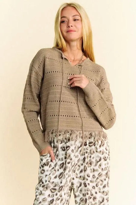 Davi & Dani Fringe Hem Openwork Drop Shoulder Knit Top - Sleekdenim.com