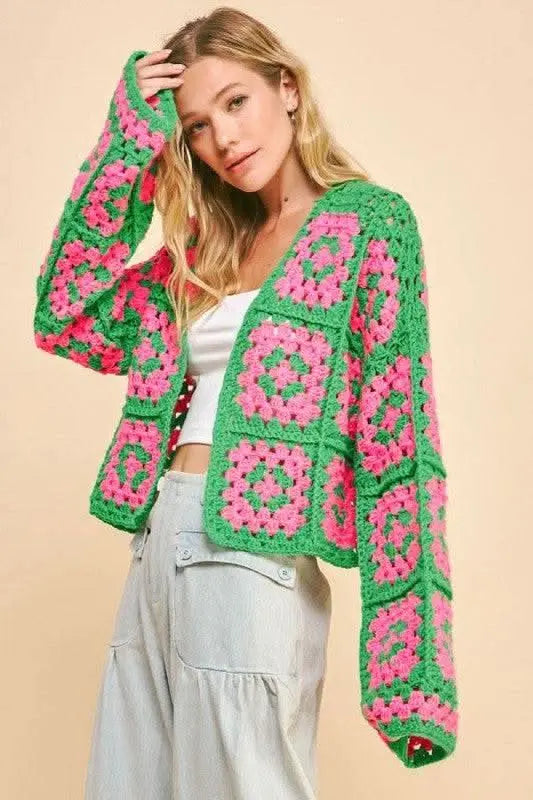 Davi & Dani Full Size Two Tone Flower Square Crochet Open Front Cardigan - Sleekdenim.com