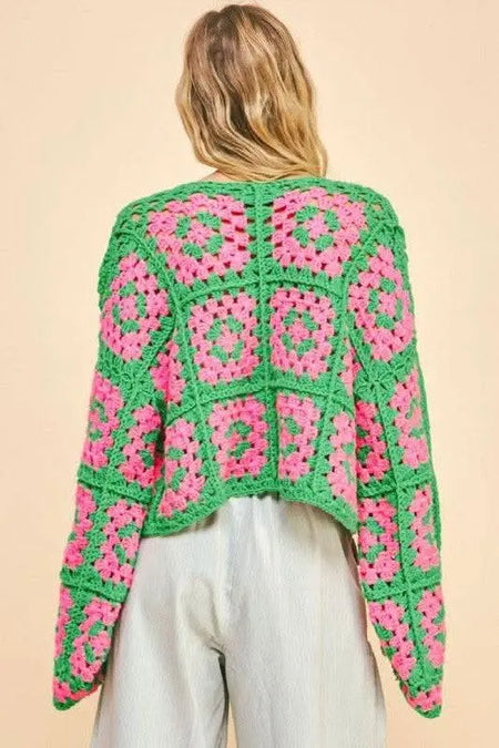 Davi & Dani Full Size Two Tone Flower Square Crochet Open Front Cardigan - Sleekdenim.com