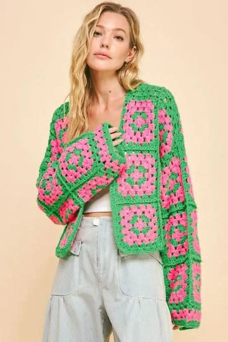 Davi & Dani Full Size Two Tone Flower Square Crochet Open Front Cardigan - Sleekdenim.com