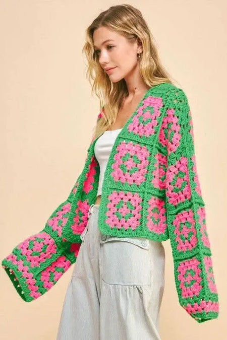 Davi & Dani Full Size Two Tone Flower Square Crochet Open Front Cardigan - Sleekdenim.com