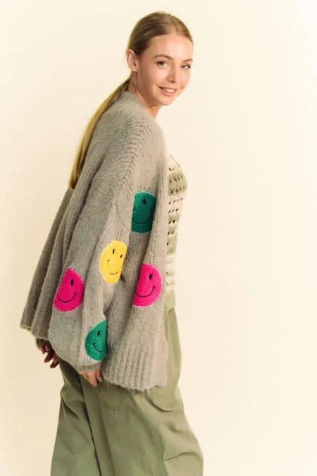 Davi & Dani Fuzzy Smile Open Front Long Sleeve Cardigan - Sleekdenim.com