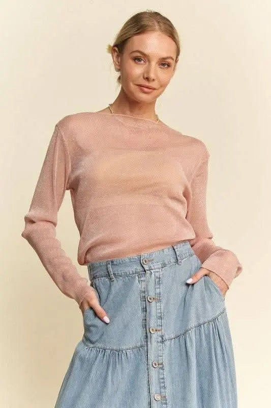 Davi & Dani Glitter Mesh Lettuce Hem Long Sleeve Top - Sleekdenim.com