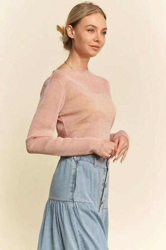 Davi & Dani Glitter Mesh Lettuce Hem Long Sleeve Top - Sleekdenim.com