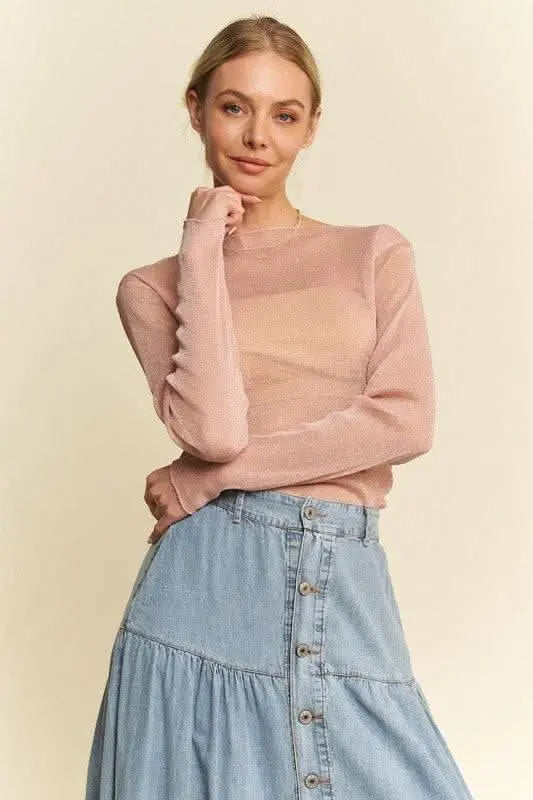 Davi & Dani Glitter Mesh Lettuce Hem Long Sleeve Top - Sleekdenim.com