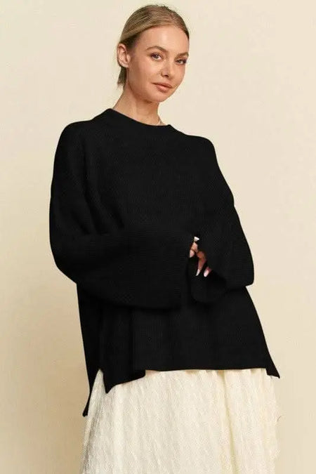 Davi & Dani High - Low Round Neck Drop Shoulder Sweater - Sleekdenim.com