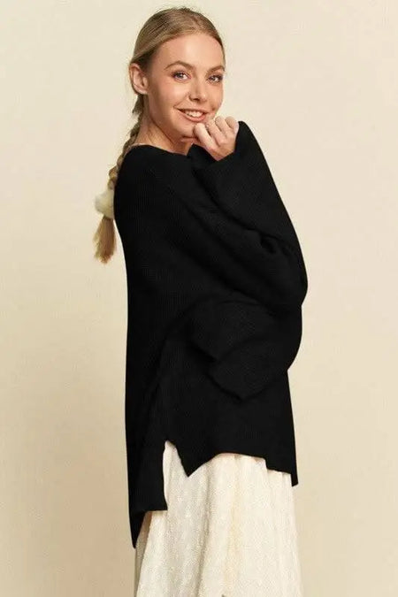 Davi & Dani High - Low Round Neck Drop Shoulder Sweater - Sleekdenim.com