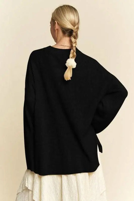 Davi & Dani High - Low Round Neck Drop Shoulder Sweater - Sleekdenim.com