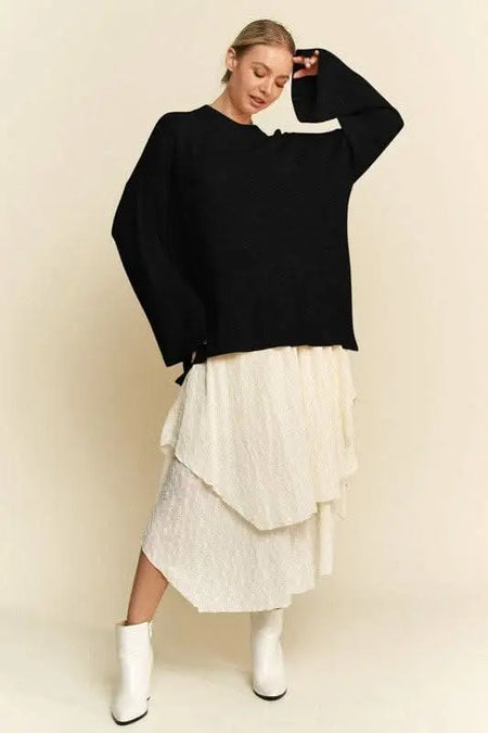 Davi & Dani High - Low Round Neck Drop Shoulder Sweater - Sleekdenim.com