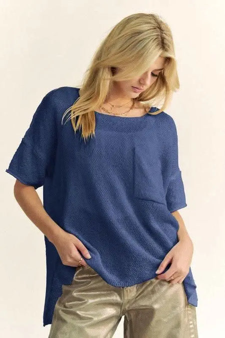 Davi & Dani High - Low Round Neck Knit Top - Sleekdenim.com