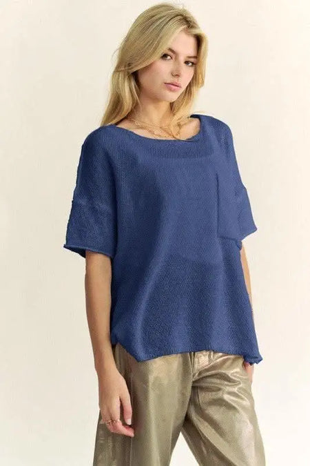 Davi & Dani High - Low Round Neck Knit Top - Sleekdenim.com