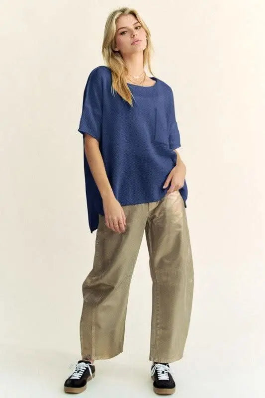 Davi & Dani High - Low Round Neck Knit Top - Sleekdenim.com