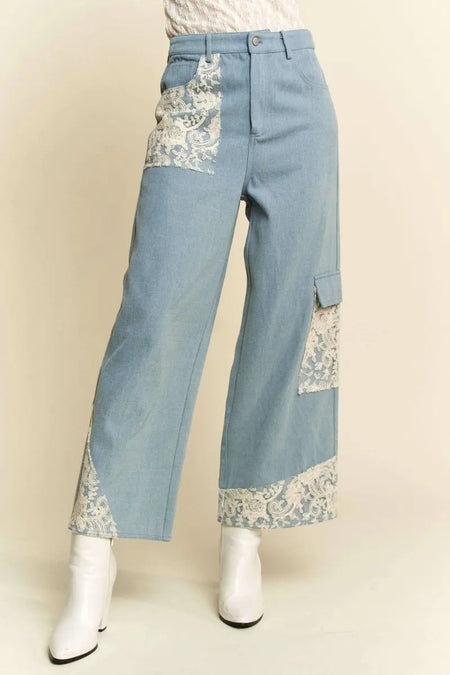 Davi & Dani Lace Applique Wide Leg Jeans - Sleekdenim.com