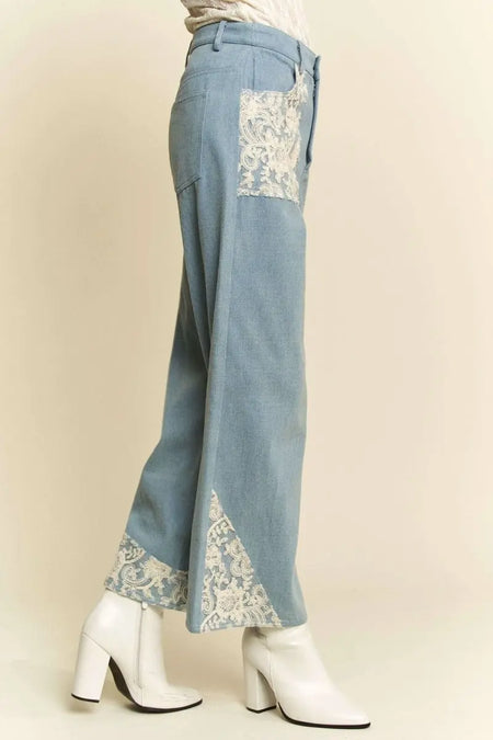 Davi & Dani Lace Applique Wide Leg Jeans - Sleekdenim.com