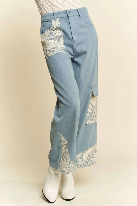 Davi & Dani Lace Applique Wide Leg Jeans - Sleekdenim.com