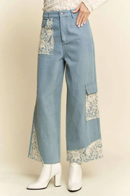 Davi & Dani Lace Applique Wide Leg Jeans - Sleekdenim.com