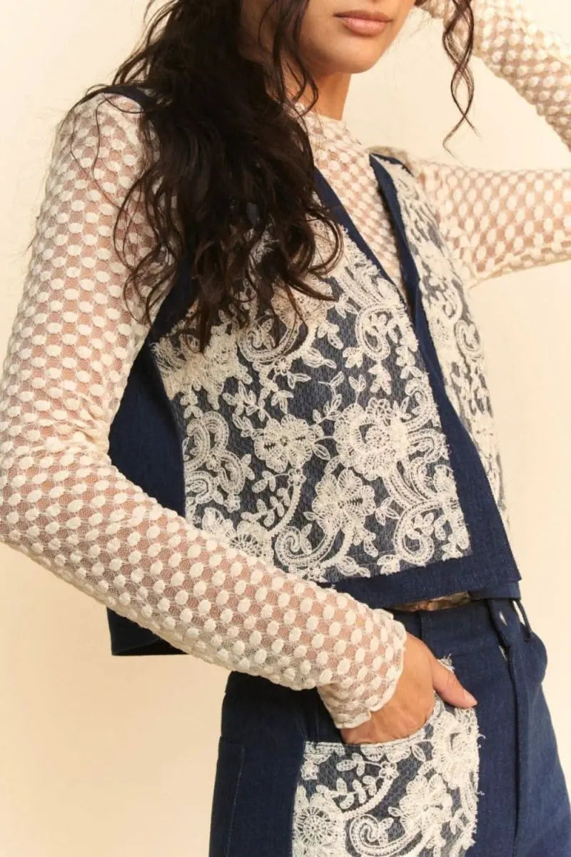 Davi & Dani Lace Patch Open Front Denim Vest - Sleekdenim.com