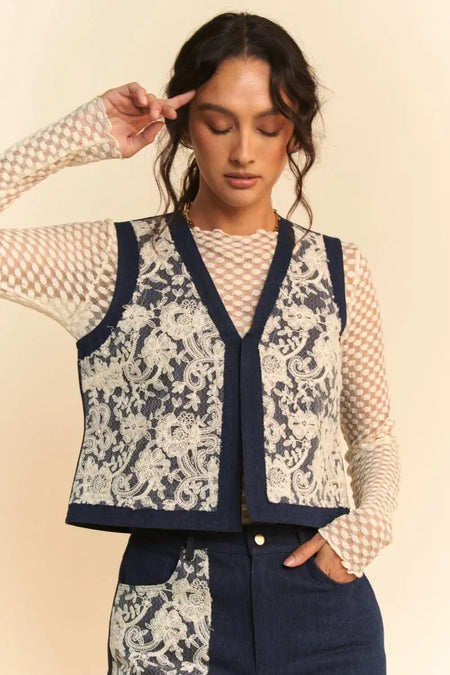 Davi & Dani Lace Patch Open Front Denim Vest - Sleekdenim.com