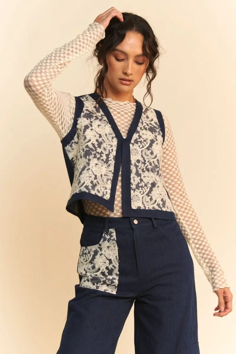 Davi & Dani Lace Patch Open Front Denim Vest - Sleekdenim.com