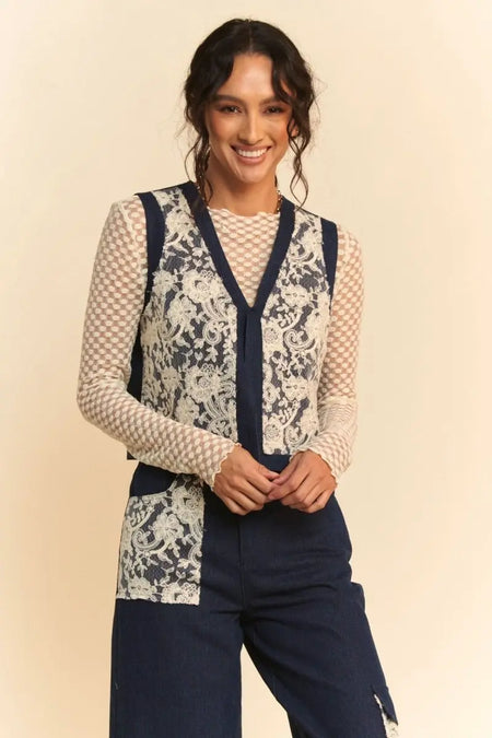 Davi & Dani Lace Patch Open Front Denim Vest - Sleekdenim.com