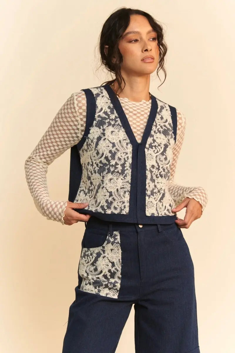 Davi & Dani Lace Patch Open Front Denim Vest - Sleekdenim.com