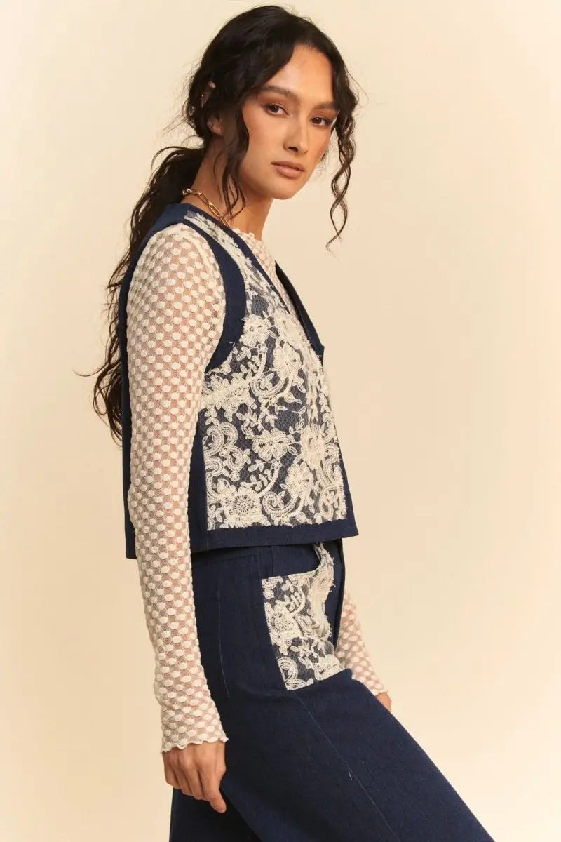 Davi & Dani Lace Patch Open Front Denim Vest - Sleekdenim.com