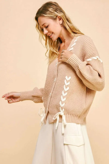 Davi & Dani Lace - Up Ribbon Bow Button Down Cardigan - Sleekdenim.com