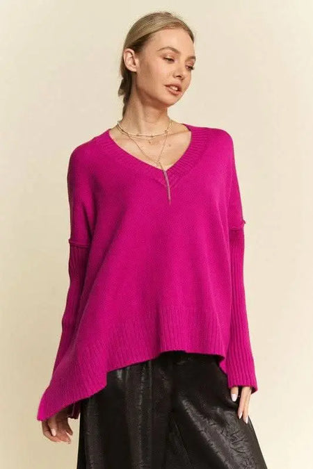 Davi & Dani Ribbed Side Slit V - Neck Sweater - Sleekdenim.com