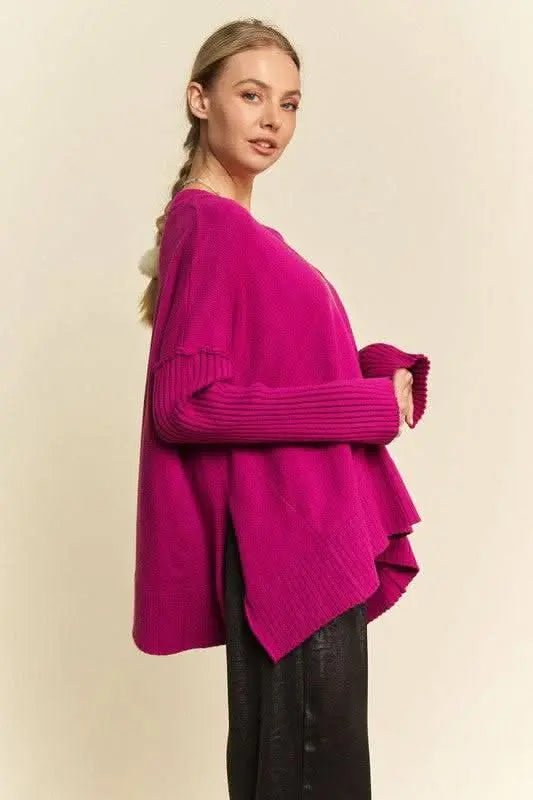 Davi & Dani Ribbed Side Slit V - Neck Sweater - Sleekdenim.com