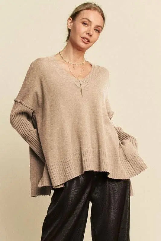 Davi & Dani Ribbed Side Slit V - Neck Sweater - Sleekdenim.com