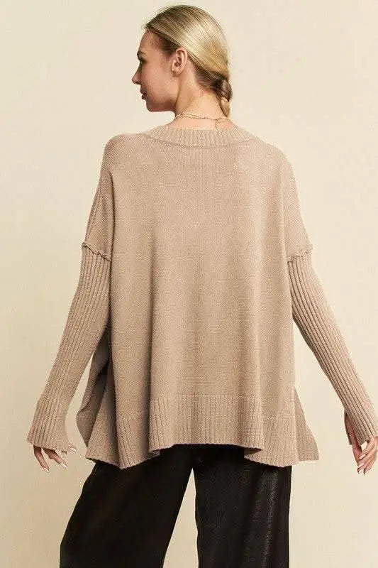 Davi & Dani Ribbed Side Slit V - Neck Sweater - Sleekdenim.com