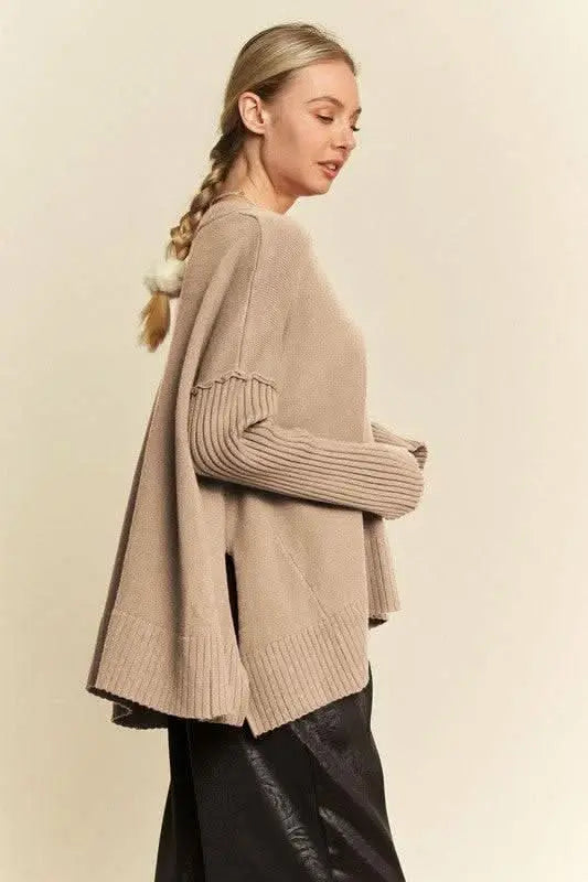 Davi & Dani Ribbed Side Slit V - Neck Sweater - Sleekdenim.com