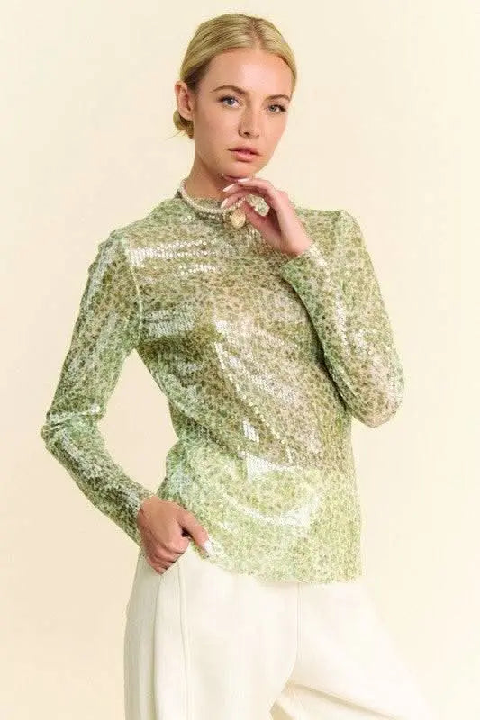 Davi & Dani Sequin Mock Neck Long Sleeve Mesh Top - Sleekdenim.com