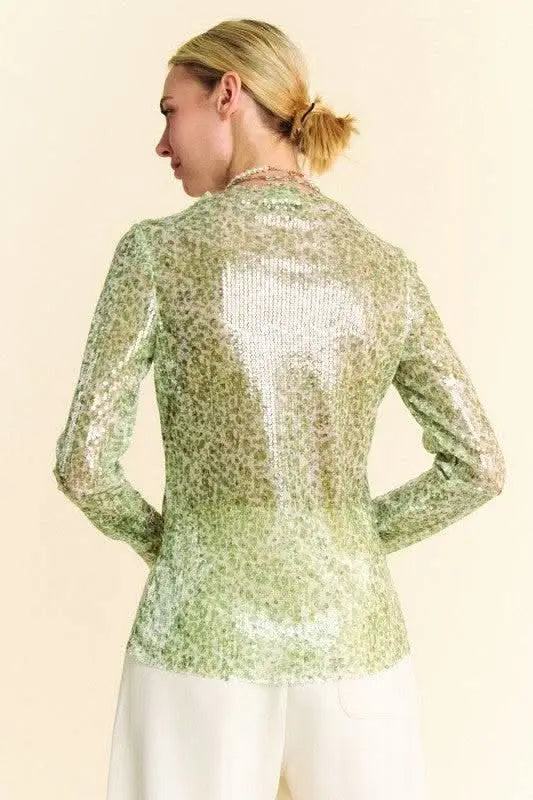 Davi & Dani Sequin Mock Neck Long Sleeve Mesh Top - Sleekdenim.com