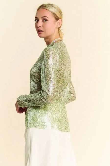 Davi & Dani Sequin Mock Neck Long Sleeve Mesh Top - Sleekdenim.com