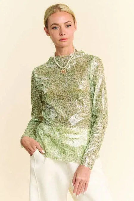 Davi & Dani Sequin Mock Neck Long Sleeve Mesh Top - Sleekdenim.com