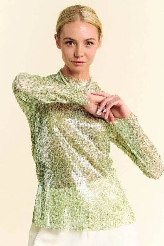 Davi & Dani Sequin Mock Neck Long Sleeve Mesh Top - Sleekdenim.com