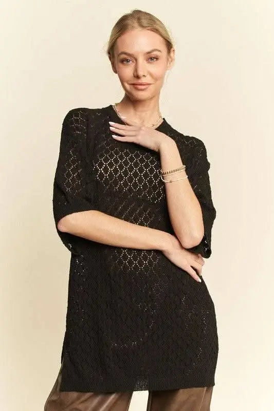 Davi & Dani Side Slit Openwork Round Neck Half Sleeve Knit Cover Up - Sleekdenim.com