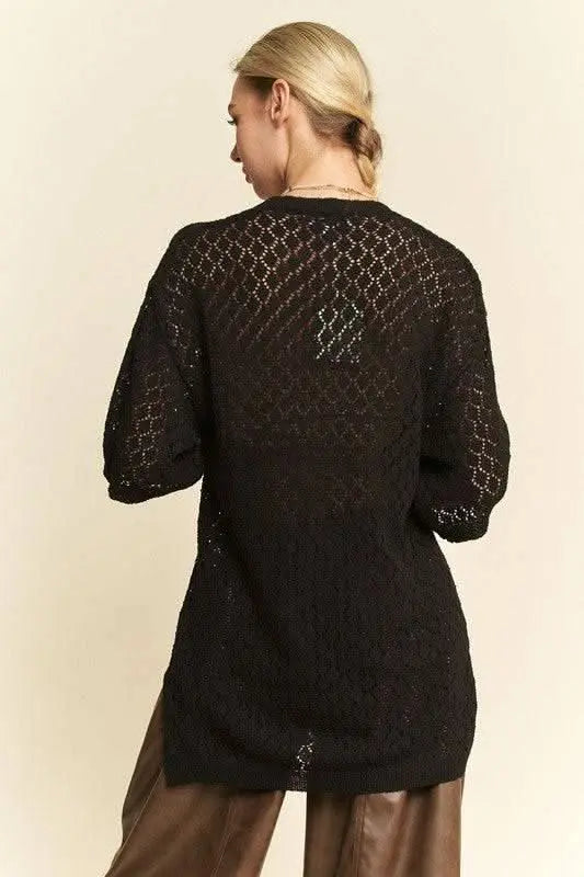 Davi & Dani Side Slit Openwork Round Neck Half Sleeve Knit Cover Up - Sleekdenim.com