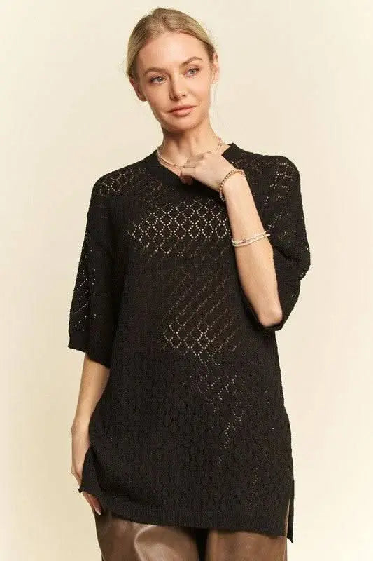 Davi & Dani Side Slit Openwork Round Neck Half Sleeve Knit Cover Up - Sleekdenim.com