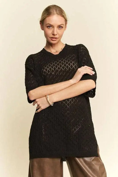 Davi & Dani Side Slit Openwork Round Neck Half Sleeve Knit Cover Up - Sleekdenim.com