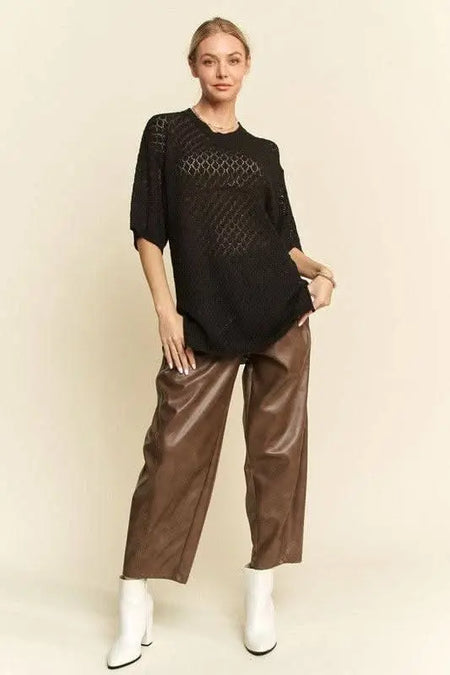 Davi & Dani Side Slit Openwork Round Neck Half Sleeve Knit Cover Up - Sleekdenim.com