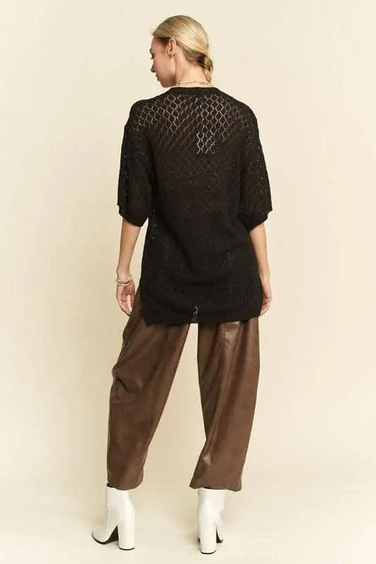 Davi & Dani Side Slit Openwork Round Neck Half Sleeve Knit Cover Up - Sleekdenim.com