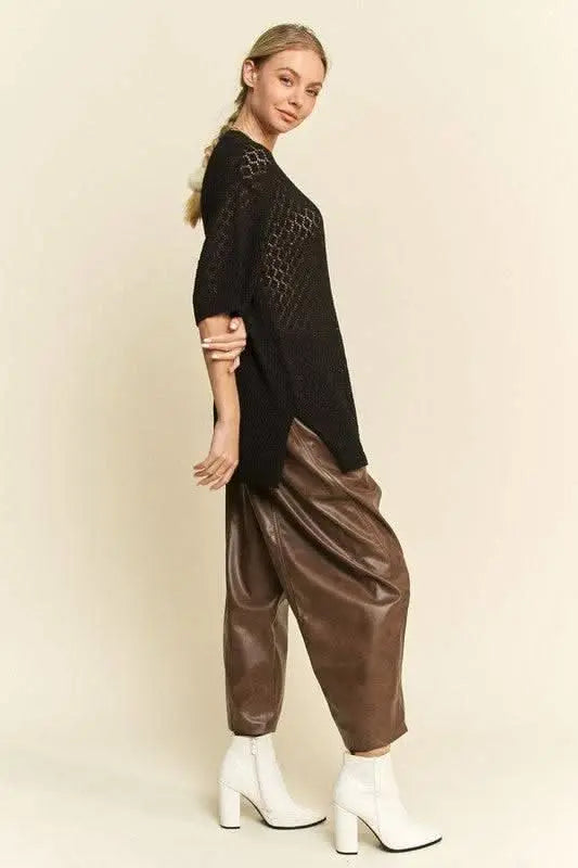 Davi & Dani Side Slit Openwork Round Neck Half Sleeve Knit Cover Up - Sleekdenim.com