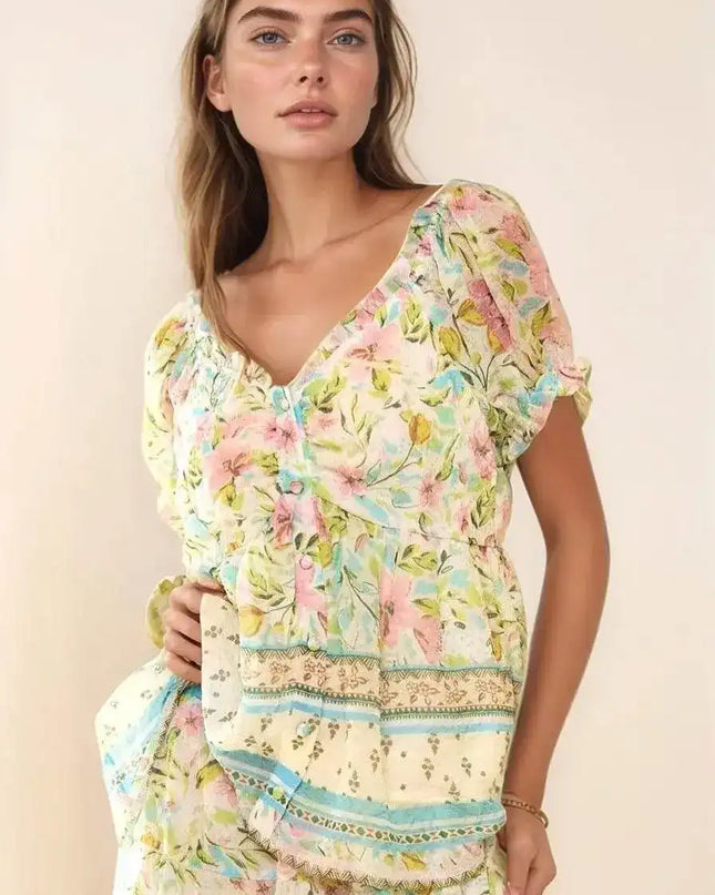 Davi & Dani Spring Floral Border Print Ruffled Textured Top - Sleekdenim.com
