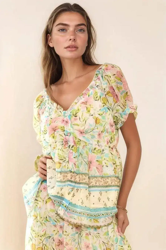 Davi & Dani Spring Floral Border Print Ruffled Textured Top - Sleekdenim.com